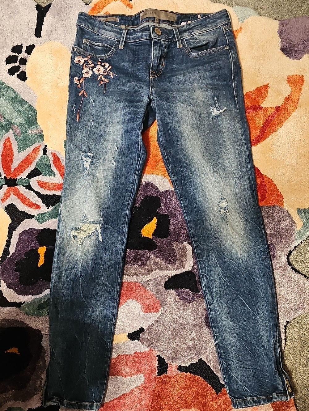 Guess Destressed/floral Embroidered Marilyn Skinny Jeans